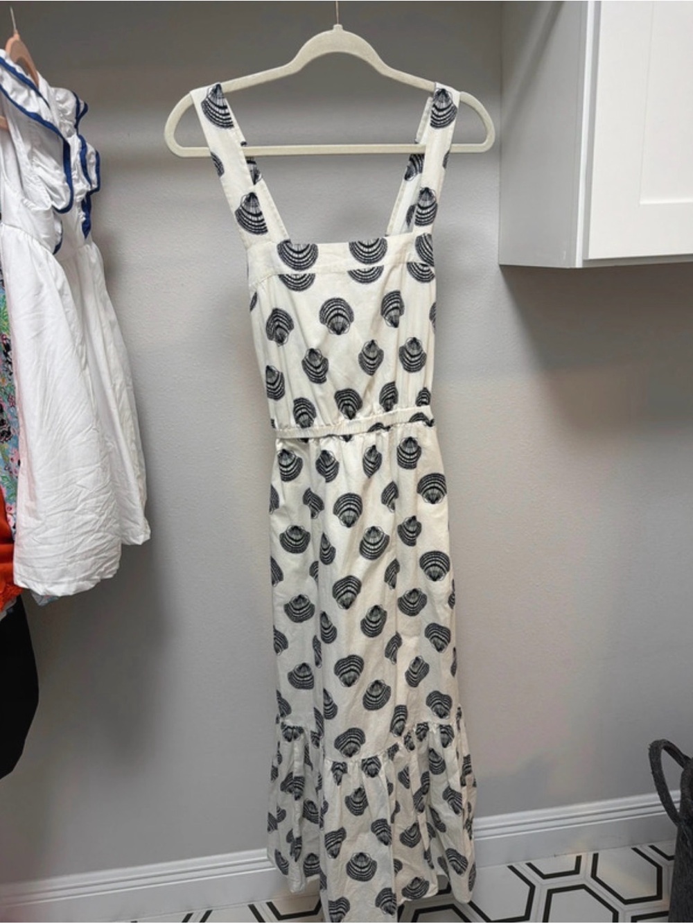 J. Crew White Maxi Dress with Black Shell Print